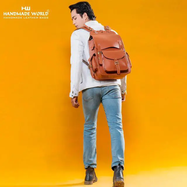 Alt view image 3 of 5 - Handmade World Vintage Full Grain 20 Inch Leather Laptop Backpack Casual Bookbag Daypack Camping Travel Rucksack Knapsack (Tan Brown)