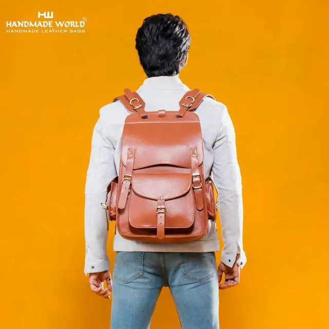 Alt view image 5 of 5 - Handmade World Vintage Full Grain 20 Inch Leather Laptop Backpack Casual Bookbag Daypack Camping Travel Rucksack Knapsack (Tan Brown)