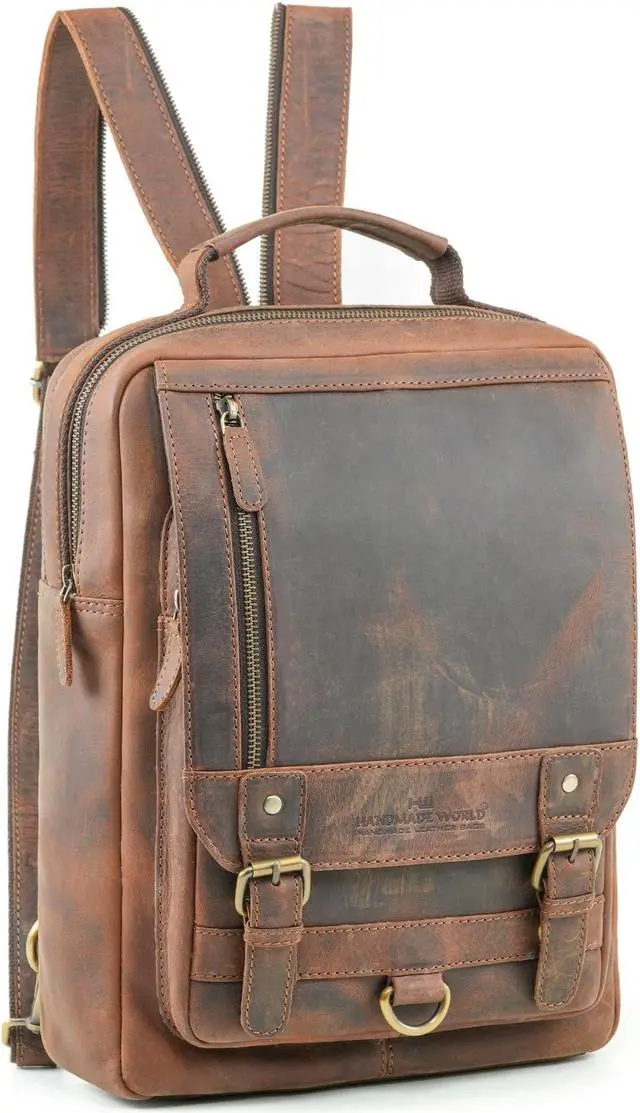 Main image of Handmade World Leather Backpack Convertible to Sling Bag 'The UpVibe' Fits 16 Inch Laptop Brown Full Grain Buffalo Hunter Leather Daypack Knapsack Stylish Crossbody Bag Unisex