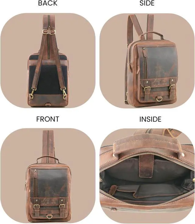 Alt view image 4 of 5 - Handmade World Leather Backpack Convertible to Sling Bag 'The UpVibe' Fits 16 Inch Laptop Brown Full Grain Buffalo Hunter Leather Daypack Knapsack Stylish Crossbody Bag Unisex