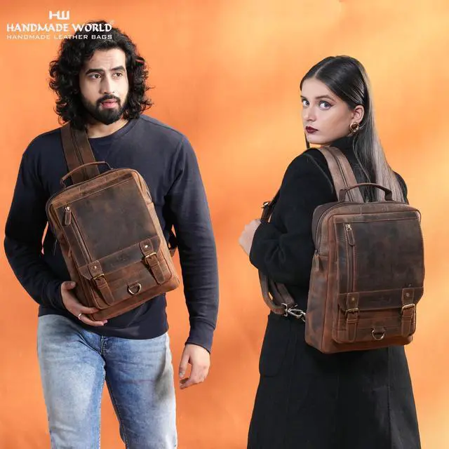 Alt view image 5 of 5 - Handmade World Leather Backpack Convertible to Sling Bag 'The UpVibe' Fits 16 Inch Laptop Brown Full Grain Buffalo Hunter Leather Daypack Knapsack Stylish Crossbody Bag Unisex