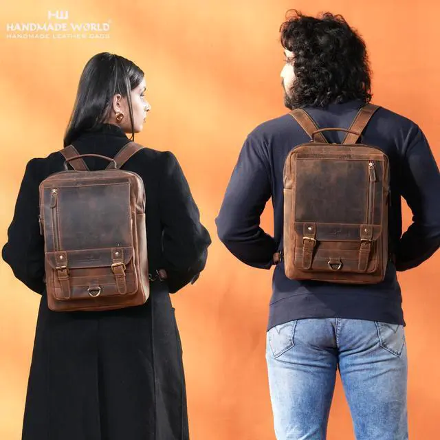 Alt view image 3 of 5 - Handmade World Leather Backpack Convertible to Sling Bag 'The UpVibe' Fits 16 Inch Laptop Brown Full Grain Buffalo Hunter Leather Daypack Knapsack Stylish Crossbody Bag Unisex