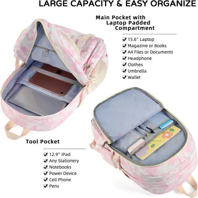 Alt view image 3 of 5 - Hidds Laptop Backpacks 16 Inch School Bag College Backpack Anti Theft Travel Casual Daypack Bags Cute Bookbags Large Colorfull Carry on Back Pack for Teens Girls Women Students (Pink-1)