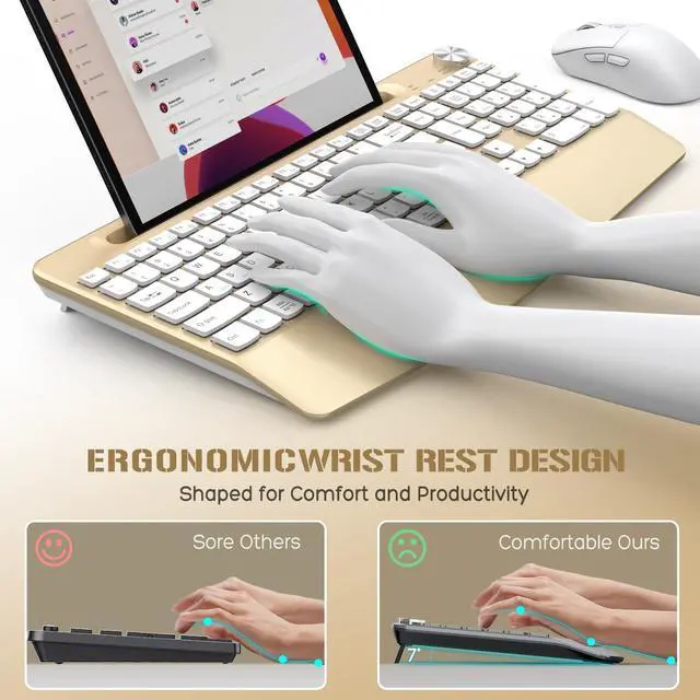 Alt view image 3 of 5 - GAMCATZ Ergonomic Wireless Keyboard and Mouse with Wrist RestPhone Holder - 2.4GHz Full-Sized Low-Profile Quiet Gold Wireless Mouse and Keyboard Combo for Computer, Laptop, PC, Mac-Gold