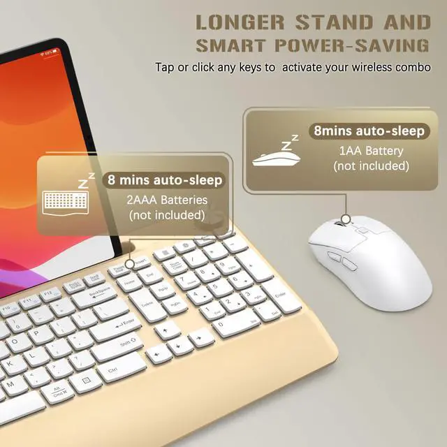 Alt view image 4 of 5 - GAMCATZ Ergonomic Wireless Keyboard and Mouse with Wrist RestPhone Holder - 2.4GHz Full-Sized Low-Profile Quiet Gold Wireless Mouse and Keyboard Combo for Computer, Laptop, PC, Mac-Gold