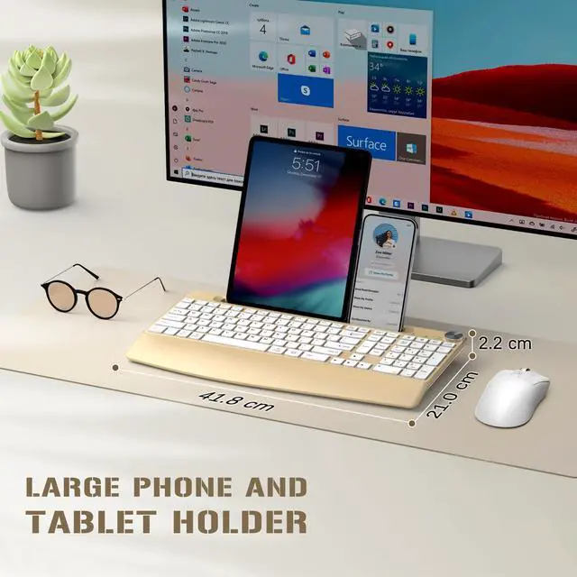 Alt view image 2 of 5 - GAMCATZ Ergonomic Wireless Keyboard and Mouse with Wrist RestPhone Holder - 2.4GHz Full-Sized Low-Profile Quiet Gold Wireless Mouse and Keyboard Combo for Computer, Laptop, PC, Mac-Gold