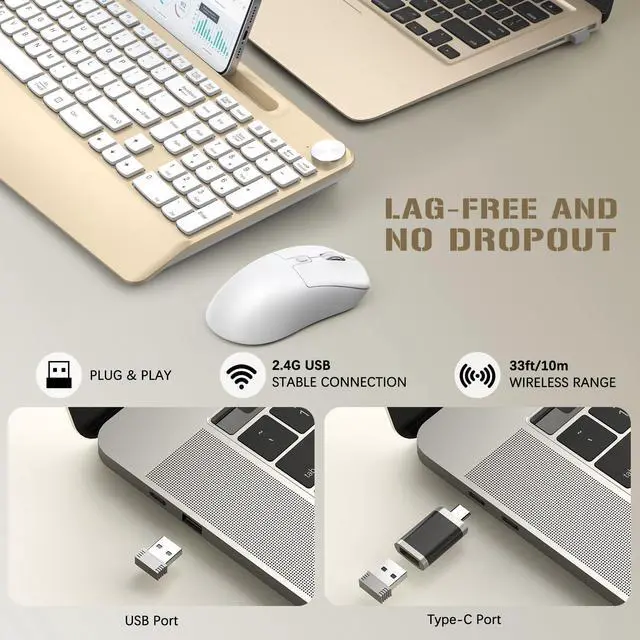 Alt view image 5 of 5 - GAMCATZ Ergonomic Wireless Keyboard and Mouse with Wrist RestPhone Holder - 2.4GHz Full-Sized Low-Profile Quiet Gold Wireless Mouse and Keyboard Combo for Computer, Laptop, PC, Mac-Gold