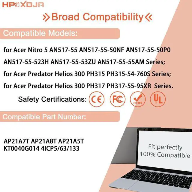 Alt view image 5 of 5 - HPXXDJA AP21A7T Laptop Battery Compatible with Acer Nitro 5 AN517-55 Helios 300 PH317-56 PH315-54-55 PH315-55-75K6 PH315-55-78LF PH317-56-78LY PH317-56-724M Series AP21A8T AP21A5T KT0040G014