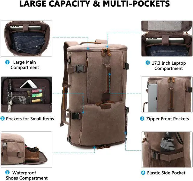 Alt view image 3 of 5 - G-FAVOR 40L Travel Backpack, Vintage Canvas Rucksack Convertible Duffel Bag Carry On Backpack Fit for 17.3 Inch Laptop Bag