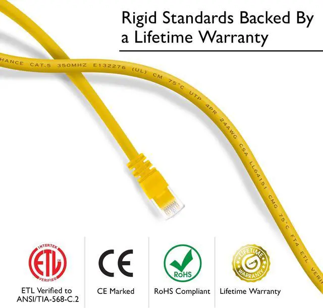 Alt view image 3 of 5 - GearIT 50-Pack, Cat5e Ethernet Patch Cable 1 Foot - Snagless RJ45 Computer LAN Network Cord, Yellow - Compatible with 48 Port Switch POE Rackmount 48port Gigabit
