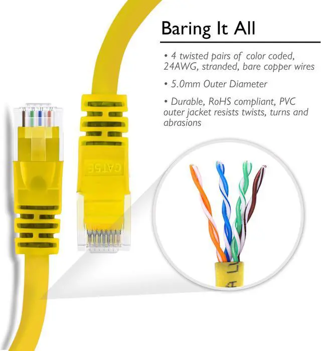 Alt view image 4 of 5 - GearIT 50-Pack, Cat5e Ethernet Patch Cable 1 Foot - Snagless RJ45 Computer LAN Network Cord, Yellow - Compatible with 48 Port Switch POE Rackmount 48port Gigabit