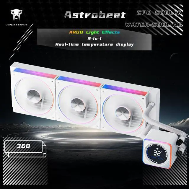 Alt view image 3 of 5 - Astrabeat 360 Digital ARGB 360mm AIO CPU Cooler, Intelligent Temperature Control, Real-time readout ,300W TDP Liquid CPU Cooler for AMD AM4/AM5 & Intel LGA 115X/1200/1700(White)