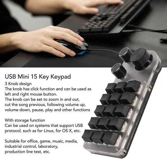 Alt view image 5 of 5 - Goshyda One Handed Macro Mechanical Keyboard, Mini 15 Keys 3 Knob Small Programmable Macropad Wired Mechanical Keyboard, DIY Programmable Keyboard