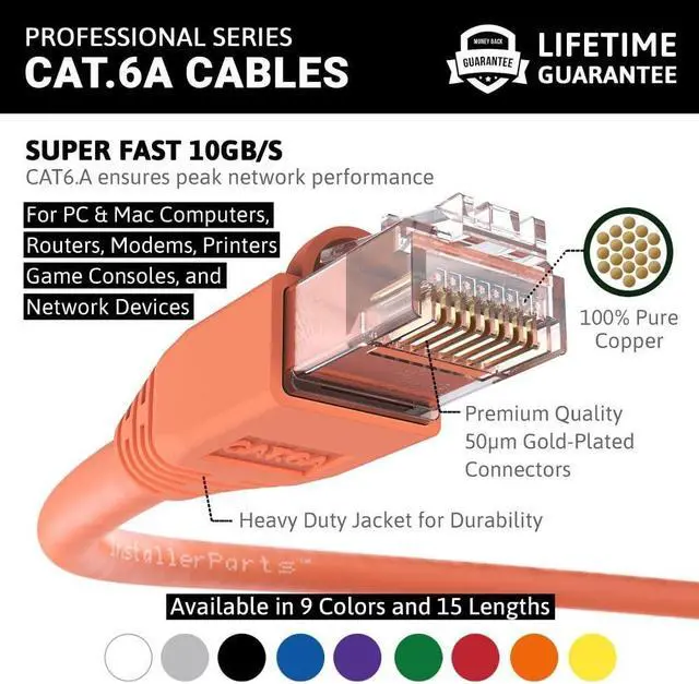 Alt view image 2 of 5 - InstallerParts Ethernet Cable CAT6A Cable UTP Booted 75 FT - Orange - Professional Series - 10Gigabit/Sec Network/High Speed Internet Cable, 550MHZ