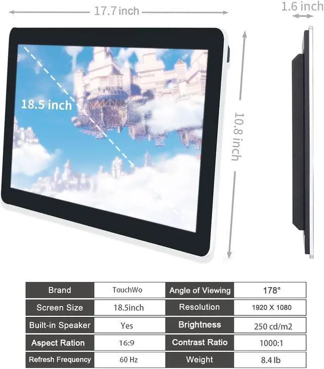 Alt view image 5 of 5 - TouchWo 18.5 inch Android 11 Touchscreen Monitor Tablet, 16:9 FHD 1080P, WiFi & BT, Built-in Speakers, RK3568 2GB RAM & 32GB ROM, Smart Board for Classroom, Meeting & Game