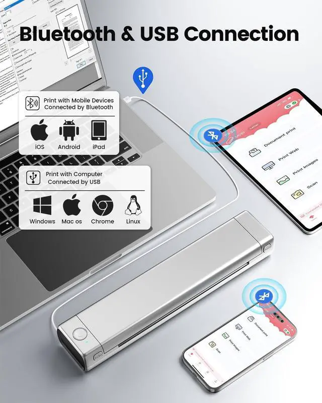 Alt view image 4 of 5 - Itari Portable Printers Wireless for Travel, M08F Inkless Thermal Printer Support 8.5'' x 11'' US Letter, Bluetooth Mobile Printer Compatible with Android and iOS Phone & Laptop