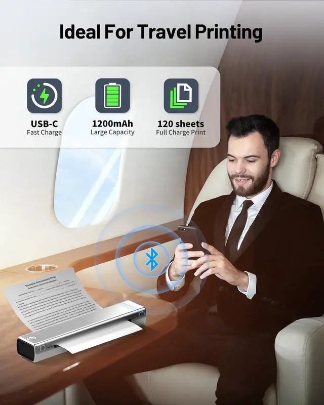Alt view image 3 of 5 - Itari Portable Printers Wireless for Travel, M08F Inkless Thermal Printer Support 8.5'' x 11'' US Letter, Bluetooth Mobile Printer Compatible with Android and iOS Phone & Laptop