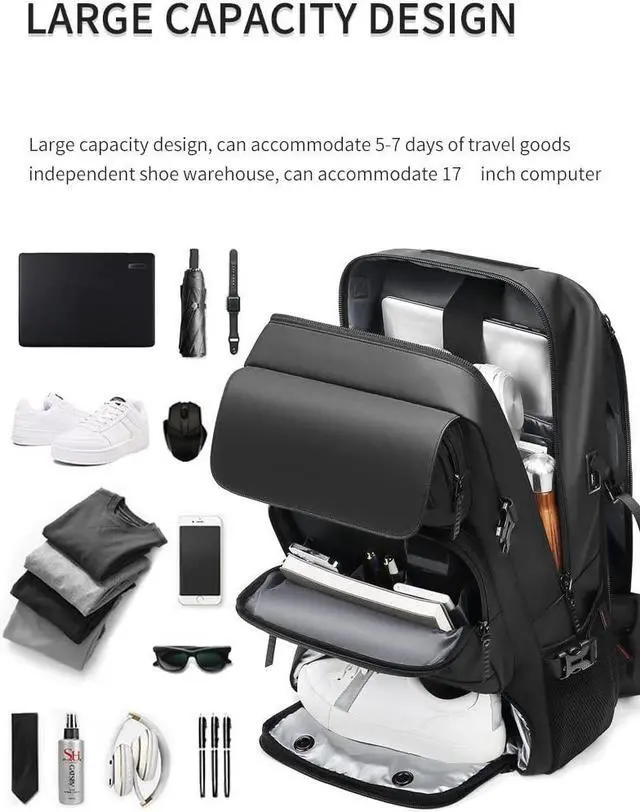 Alt view image 5 of 5 - Men travel backpack,waterproof 17 inch Business Laptop with Separate Shoe Bag,Hidden USB charging port Hiking backpack 50L outdoors trekking  (blue)