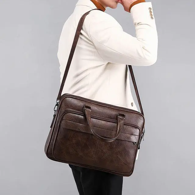 Alt view image 5 of 5 - JINGTIANCD leather Laptop Bag for Men 16 inch Laptop Briefcase Waterproof,Computer Handbags Shoulder Crossbody Bag Business (Brown)