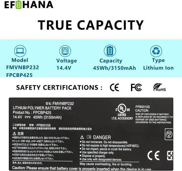 Alt view image 5 of 5 - EFOHANA FPCBP425 FMVNBP232 FPB0315S FPCBP425AP Laptop Battery Replacement for Fujitsu LifeBook T904 T935 T936 U745 14.4V 45Wh 3150mAh