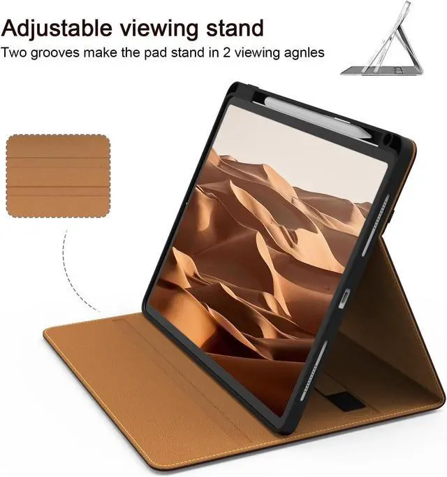 Alt view image 3 of 5 - Jarviwiin Case for iPad Pro 12.9 6th/5th/4th/3rd Generation 2022/2021/2020/2018, PU Leather 12.9" Cover with Pencil Holder/Multi-Angle Stand/Pocket, Folio Auto Wake/Sleep, Brown