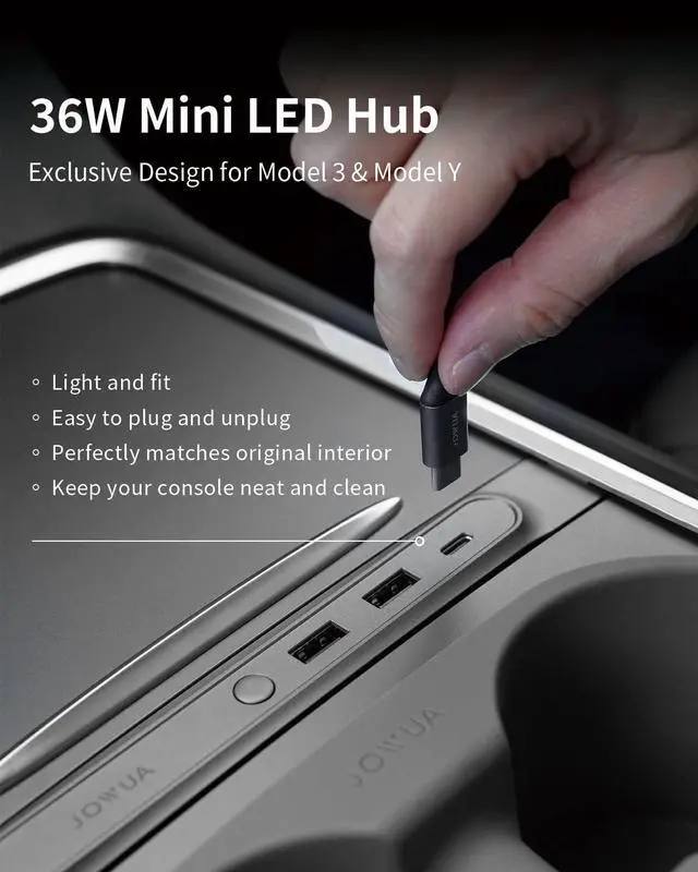 Alt view image 2 of 5 - JOWUA Mini LED Hub Bar Compatible for 2021-2023 Tesla Model Y & Model 3, 1 USB-C Port, 2 USB-A Ports (36w)