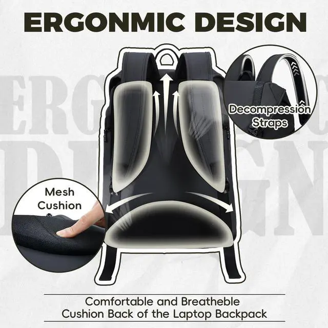 Alt view image 4 of 5 - HIMZ WARRIOR Black Mens Backpack for Work Laptop Backpacks Heavy Duty, Casual Daypack for 16" Water Resistant Back Packs for Travel, Women College