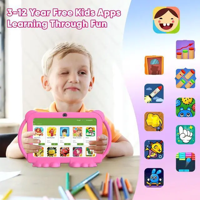 Alt view image 3 of 5 - HOTTABLET Kids Tablet 7 inch Android 12, 4GB RAM 32GB ROM, 512GB Expandsion, with Parental Control, WiFi, Bluetooth, Dual Camera with Silicone Case, 1PCS(Pink)
