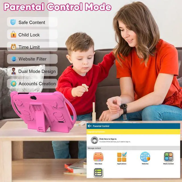Alt view image 2 of 5 - HOTTABLET Kids Tablet 7 inch Android 12, 4GB RAM 32GB ROM, 512GB Expandsion, with Parental Control, WiFi, Bluetooth, Dual Camera with Silicone Case, 1PCS(Pink)