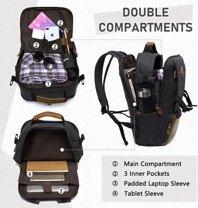 Alt view image 3 of 5 - Kasqo Laptop Backpack 15.6 Inch Canvas Waterproof Anti Theft Business Travel College Computer Bag 18.8L Carry on Bag with USB Charging Port for Women Men, Black