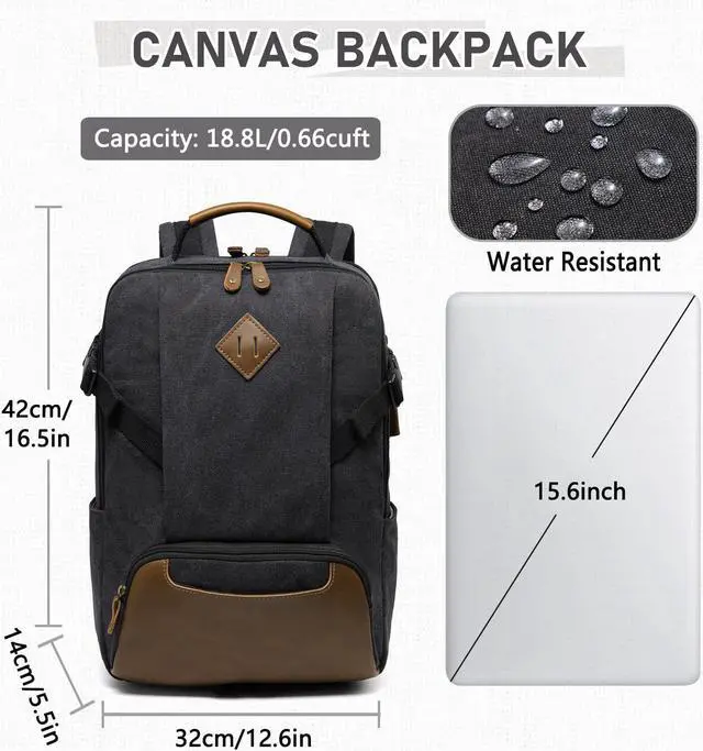 Alt view image 2 of 5 - Kasqo Laptop Backpack 15.6 Inch Canvas Waterproof Anti Theft Business Travel College Computer Bag 18.8L Carry on Bag with USB Charging Port for Women Men, Black