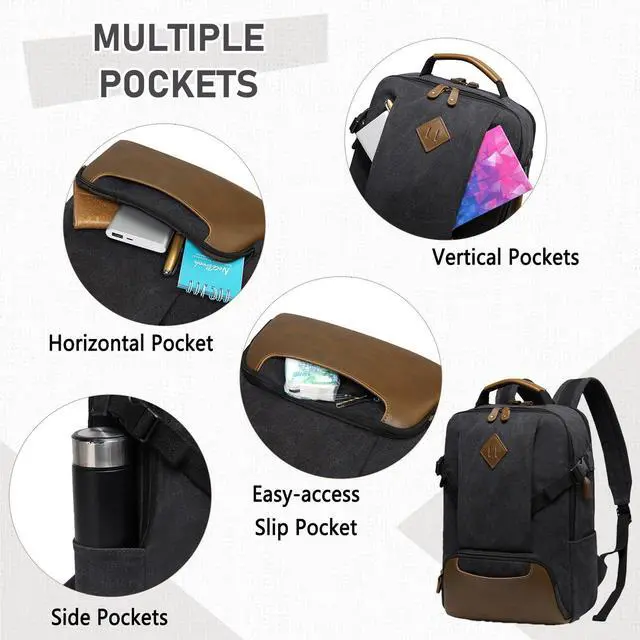 Alt view image 4 of 5 - Kasqo Laptop Backpack 15.6 Inch Canvas Waterproof Anti Theft Business Travel College Computer Bag 18.8L Carry on Bag with USB Charging Port for Women Men, Black