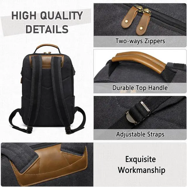 Alt view image 5 of 5 - Kasqo Laptop Backpack 15.6 Inch Canvas Waterproof Anti Theft Business Travel College Computer Bag 18.8L Carry on Bag with USB Charging Port for Women Men, Black