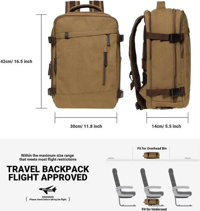 Alt view image 2 of 5 - KAUKKO Thick Canvas Travel Backpack, Flight Approved Carry On Backpack with Shoe Pouch and 15.6 inch Laptop Compartment, 40L Luggage Casual Daypack Weekender Bag 10-KHAKI