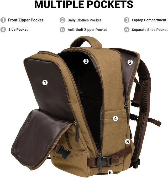 Alt view image 3 of 5 - KAUKKO Thick Canvas Travel Backpack, Flight Approved Carry On Backpack with Shoe Pouch and 15.6 inch Laptop Compartment, 40L Luggage Casual Daypack Weekender Bag 10-KHAKI