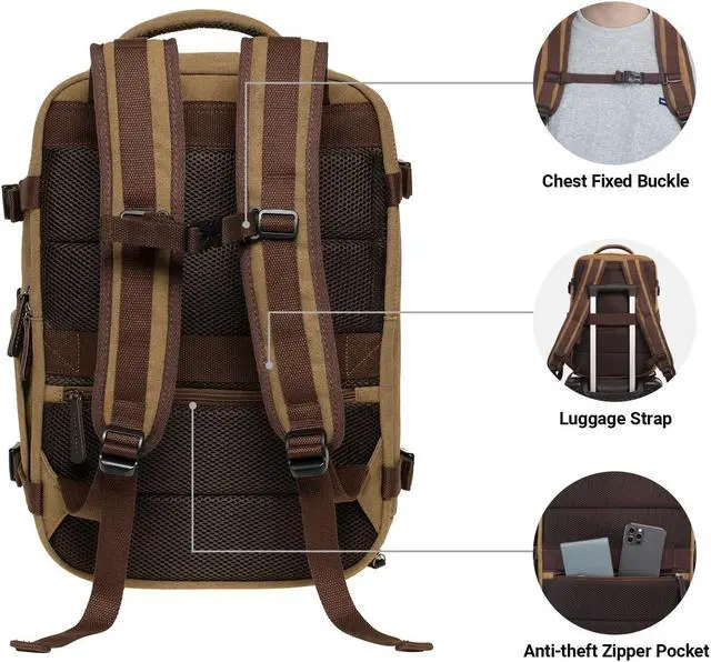 Alt view image 5 of 5 - KAUKKO Thick Canvas Travel Backpack, Flight Approved Carry On Backpack with Shoe Pouch and 15.6 inch Laptop Compartment, 40L Luggage Casual Daypack Weekender Bag 10-KHAKI