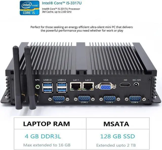 Alt view image 3 of 5 - IDEARACE Powerful Fanless Mini PC, Core i5-3317U CPU Industrial Computer, 8GB RAM 256GB SSD, 4xCOM RS232, 4xUSB 3.0, 2xNICs, HD, VGA, Wi-Fi, Full Metal Case