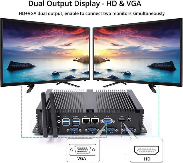 Alt view image 5 of 5 - IDEARACE Powerful Fanless Mini PC, Core i5-3317U CPU Industrial Computer, 8GB RAM 256GB SSD, 4xCOM RS232, 4xUSB 3.0, 2xNICs, HD, VGA, Wi-Fi, Full Metal Case