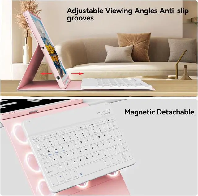 Alt view image 2 of 5 - KVTVOU Keyboard Case for iPad 9th/8th/7th Generation (10.2 Inch, 2021/2020/2019), Smart Magnetic Detachable Wireless Bluetooth Keyboard, Folio Stand Cover with Pencil Holder, Pink