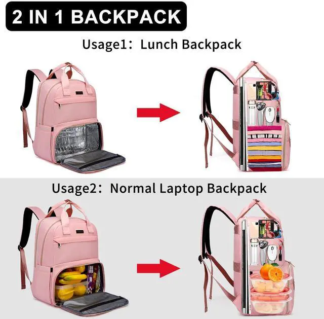 Alt view image 4 of 5 - Lunch Backpack for Women, 15.6 inch Laptop Backpack with USB Port, Water Resistant Insulated Cooler Lunch Bag , Travel Work Laptop Bags with Lunch Box for College Work Pincic Camping Beaches, Pink