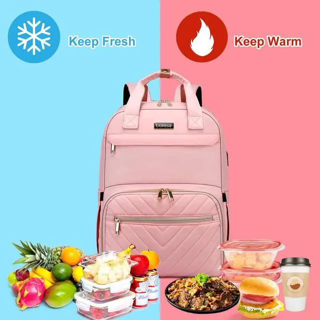 Alt view image 2 of 5 - Lunch Backpack for Women, 15.6 inch Laptop Backpack with USB Port, Water Resistant Insulated Cooler Lunch Bag , Travel Work Laptop Bags with Lunch Box for College Work Pincic Camping Beaches, Pink