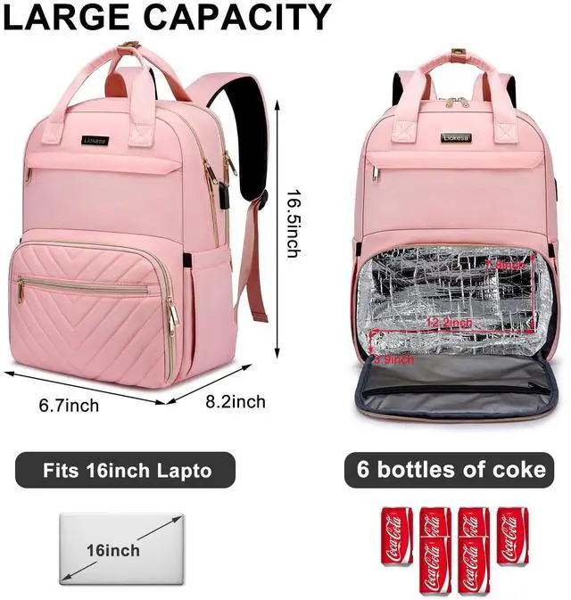 Alt view image 5 of 5 - Lunch Backpack for Women, 15.6 inch Laptop Backpack with USB Port, Water Resistant Insulated Cooler Lunch Bag , Travel Work Laptop Bags with Lunch Box for College Work Pincic Camping Beaches, Pink