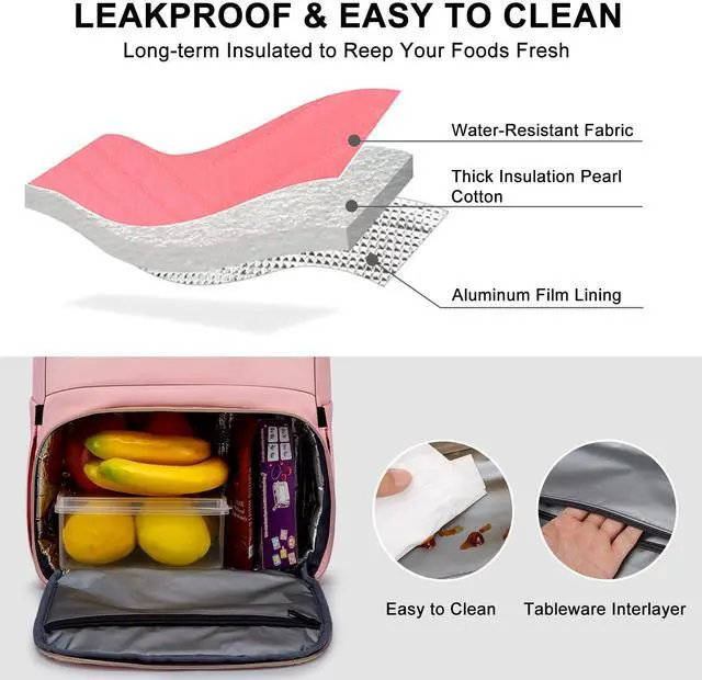 Alt view image 3 of 5 - Lunch Backpack for Women, 15.6 inch Laptop Backpack with USB Port, Water Resistant Insulated Cooler Lunch Bag , Travel Work Laptop Bags with Lunch Box for College Work Pincic Camping Beaches, Pink