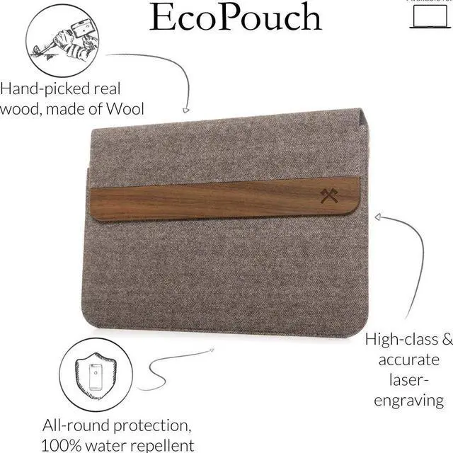 Alt view image 2 of 5 - Woodcessories - Wooden MacBook Bag Compatible with MacBook 15" of Real Walnut Wood, EcoPouch (Grey-Brown)