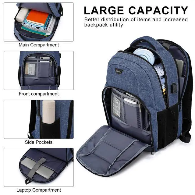 Alt view image 2 of 5 - Liokesa Laptop Backpack for Men, School Backpack for Teen Boys with USB Charging Port, Travel Water Resistant Students Book Bags, Large College Work Back Pack Fit 15.6 Inch Laptop, Blue