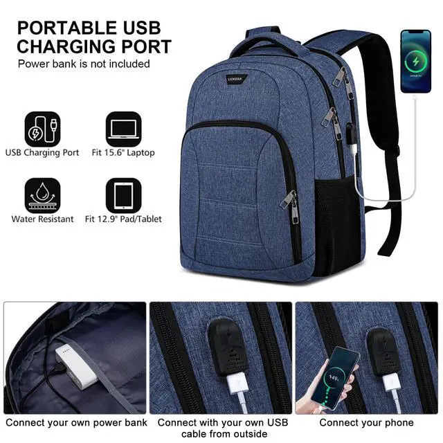 Alt view image 3 of 5 - Liokesa Laptop Backpack for Men, School Backpack for Teen Boys with USB Charging Port, Travel Water Resistant Students Book Bags, Large College Work Back Pack Fit 15.6 Inch Laptop, Blue
