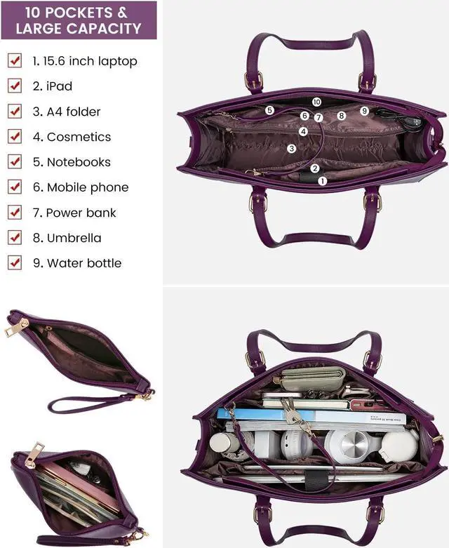 Alt view image 2 of 5 - LOVEVOOK 15.6 Inch Laptop Bag for women, Large Waterproof PU Leather Work Briefcase with USB Charging Port Casual Computer Shoulder Messenger Fashion Business Office Tote Handbag Purse, Purple