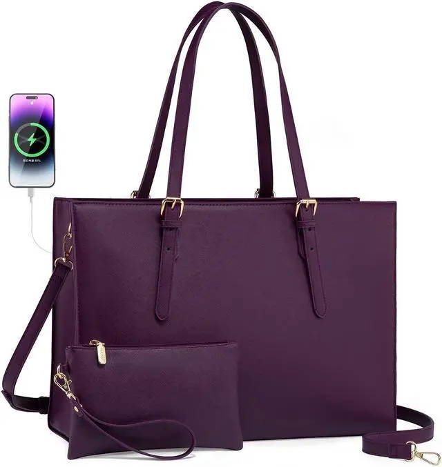 Main image of LOVEVOOK 15.6 Inch Laptop Bag for women, Large Waterproof PU Leather Work Briefcase with USB Charging Port Casual Computer Shoulder Messenger Fashion Business Office Tote Handbag Purse, Purple