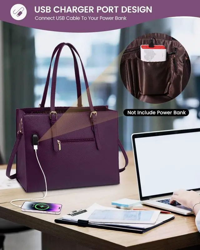 Alt view image 4 of 5 - LOVEVOOK 15.6 Inch Laptop Bag for women, Large Waterproof PU Leather Work Briefcase with USB Charging Port Casual Computer Shoulder Messenger Fashion Business Office Tote Handbag Purse, Purple