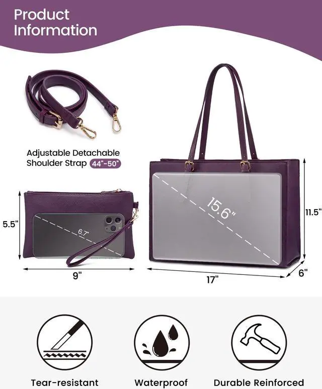 Alt view image 3 of 5 - LOVEVOOK 15.6 Inch Laptop Bag for women, Large Waterproof PU Leather Work Briefcase with USB Charging Port Casual Computer Shoulder Messenger Fashion Business Office Tote Handbag Purse, Purple